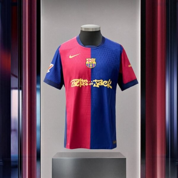 Limited edition FC Barcelona x Travis Scott 2024/25 home jersey featuring Blaugrana stripes, Cactus Jack logo, and Nike Dri-FIT fabric – exclusive football and streetwear collaboration